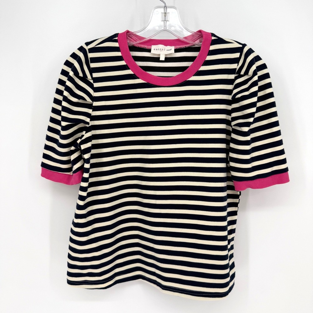 Entro Striped Blouse Women S Black Cream Puff Sleeve Coastal Preppy Parisian Mod